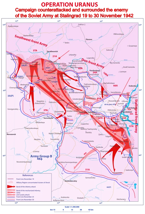 A map of Operation Uranus, the Soviet encirclement at Stalingrad, 19-30 November 1942.