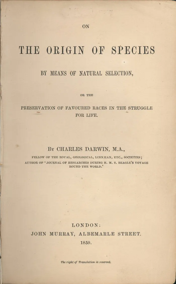 The title page of the first edition of On the Origin of Species, published by John Murray in 1859.
