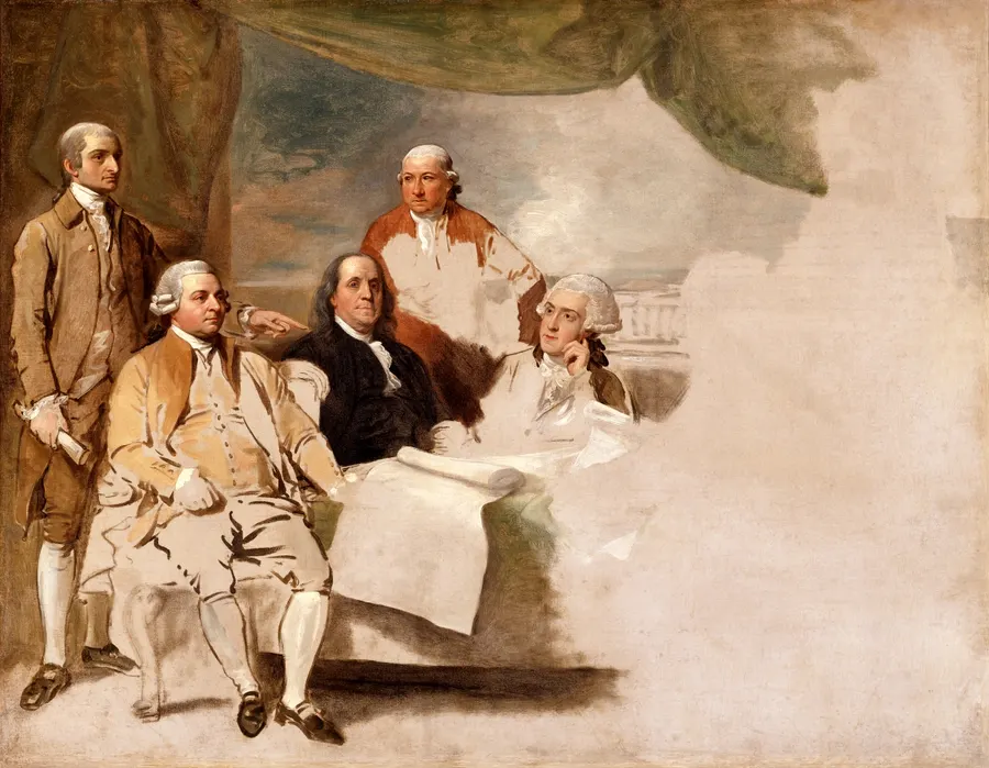 Benjamin West's unfinished painting of the American peace commissioners, 1783-84: John Jay, John Adams, Benjamin Franklin, Henry Laurens and William Temple Franklin.
