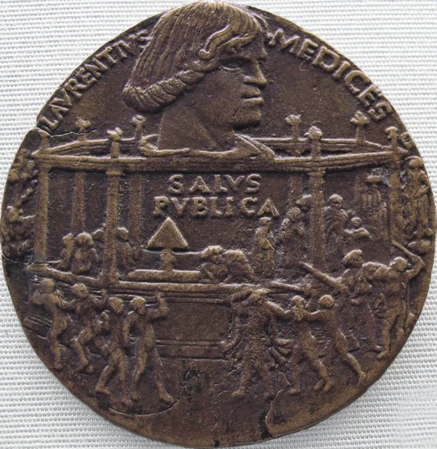 Bertoldo di Giovanni's medal of 1478 recording the Pazzi attack, with Lorenzo de' Medici's head above the scene in the cathedral choir.