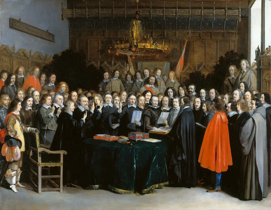 The Ratification of the Treaty of Münster, painted by Gerard ter Borch, who was present, in 1648 (Rijksmuseum).
