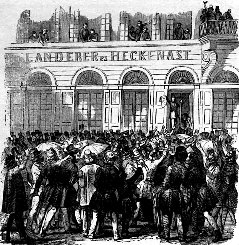 Crowds outside the Landerer and Heckenast press in Pest on 15 March 1848, from a Vasárnapi Ujság illustration of 1868.