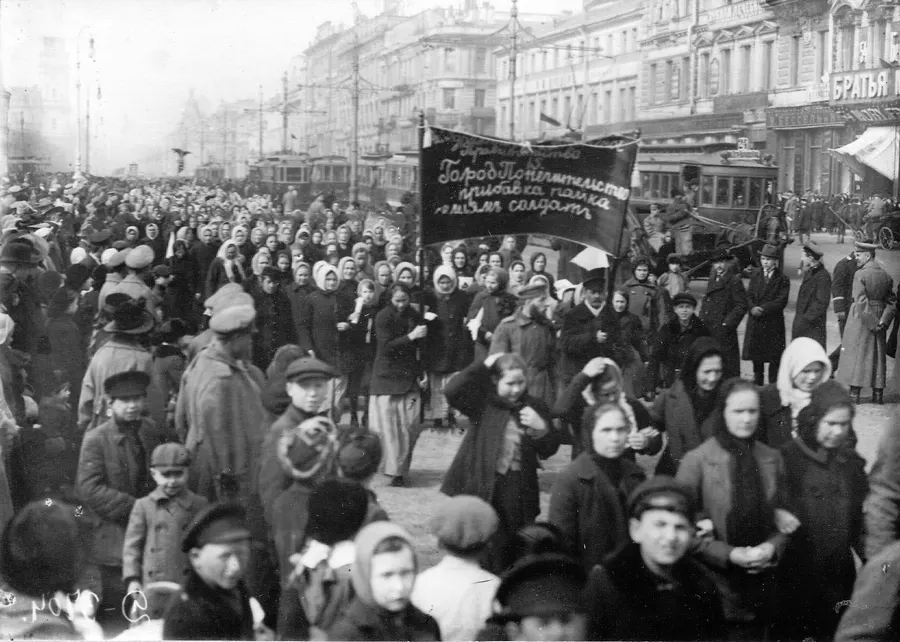 Women marching in Petrograd in 1917. This photograph is thought to date from April.