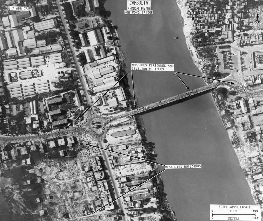 A US Air Force reconnaissance photograph of the Monivong Bridge in Phnom Penh, taken on 17 April 1975.