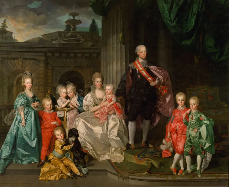 Grand Duke Pietro Leopoldo of Tuscany with his wife and eight of their children in the Palazzo Pitti, Florence, painted by Johann Zoffany in 1776.