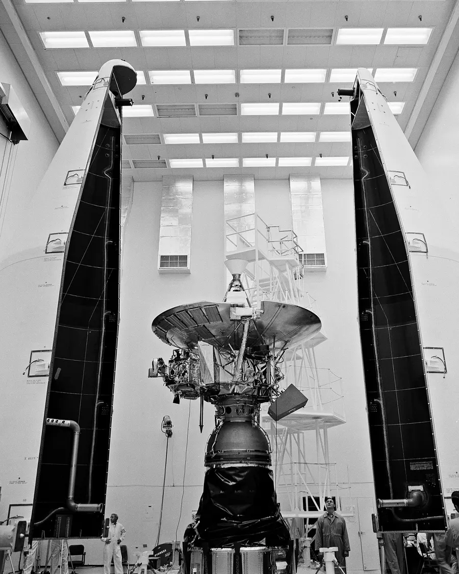 The Pioneer 11 spacecraft at Cape Kennedy before launch, March 1973.