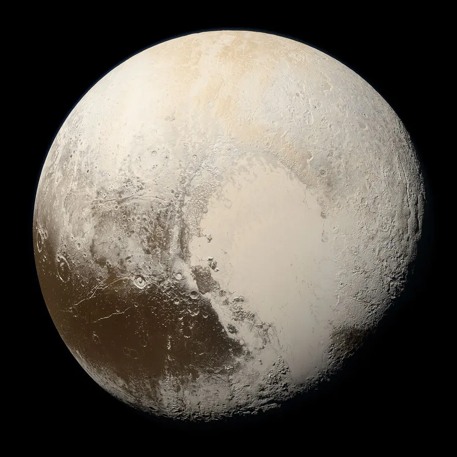 Pluto in true colour, pieced together from New Horizons images taken during the flyby, with the pale heart-shaped plain on its face