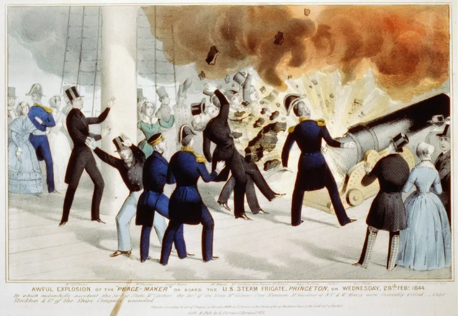 The explosion aboard USS Princeton in a Currier lithograph of 1844.