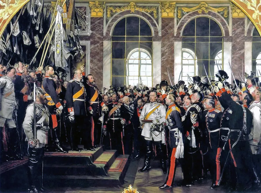 The proclamation of the German Empire in the Hall of Mirrors, painted by Anton von Werner, who was there; Bismarck stands in white at the centre.