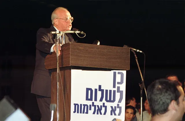 Yitzhak Rabin addresses the peace rally in Tel Aviv on the evening of 4 November 1995.