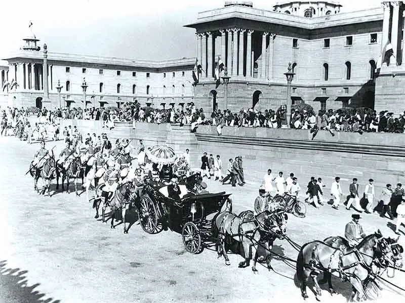 President Rajendra Prasad, in the horse-drawn carriage, at the first Republic Day parade in New Delhi, 26 January 1950.