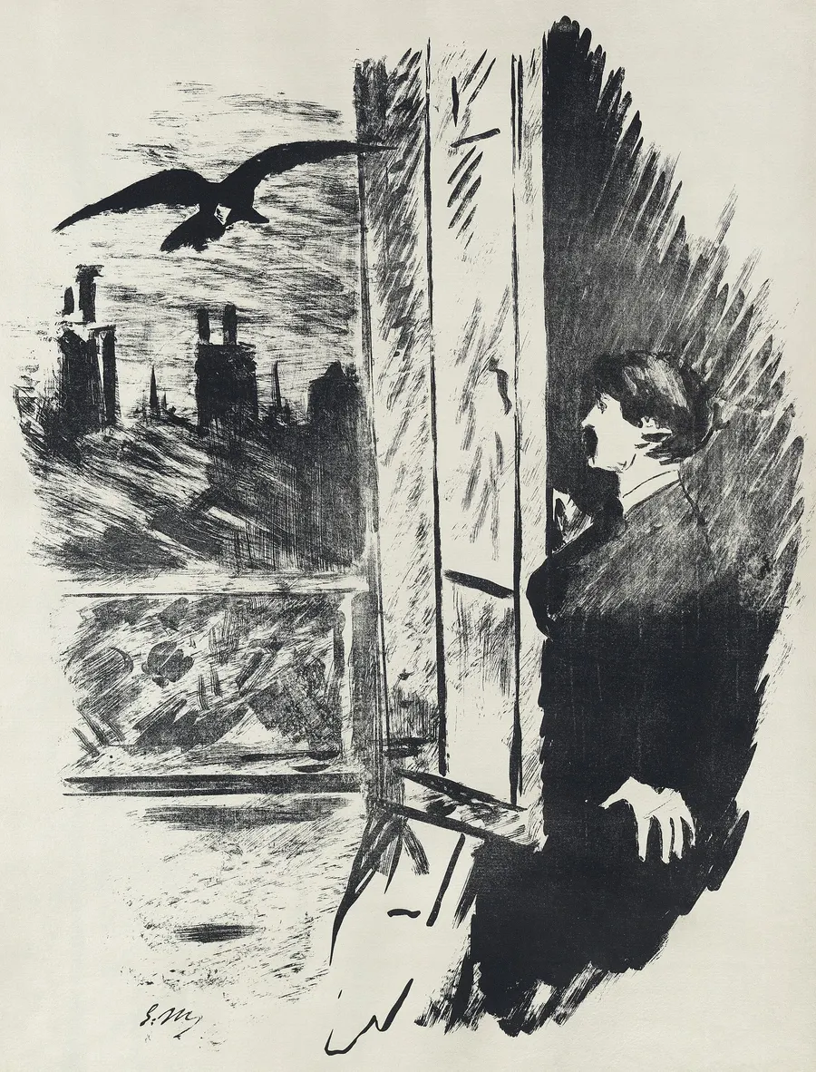 Édouard Manet's illustration of the raven at the window, from the 1875 French edition of the poem translated by Stéphane Mallarmé.