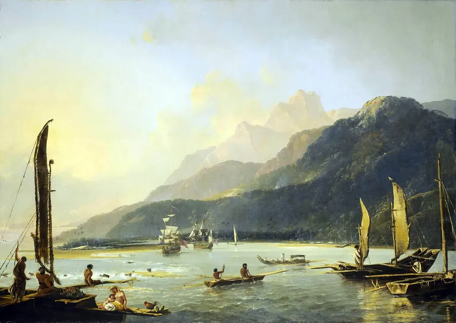 Resolution and Adventure, the ships of Cook's second voyage, at anchor in Matavai Bay, Tahiti; painted by William Hodges in 1776.