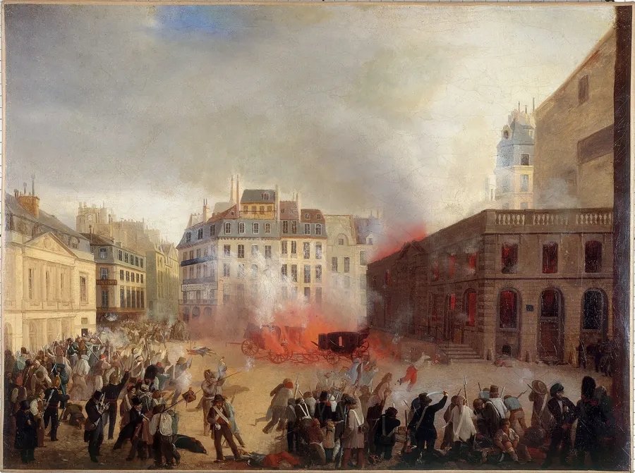 Insurgents storm the Château d'Eau guardhouse on the Place du Palais-Royal, 24 February 1848, in a contemporary painting in the Musée Carnavalet.
