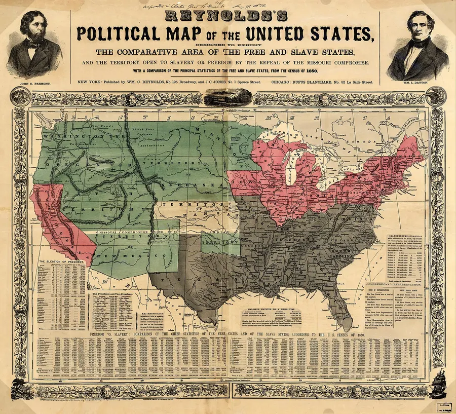Reynolds's Political Map of the United States, 1856, showing the free states, the slave states and the disputed territories, Kansas among them.