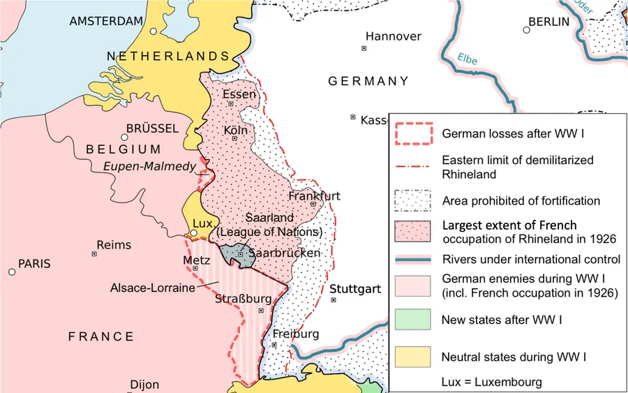 A map of western Germany after the First World War, showing the demilitarised Rhineland.