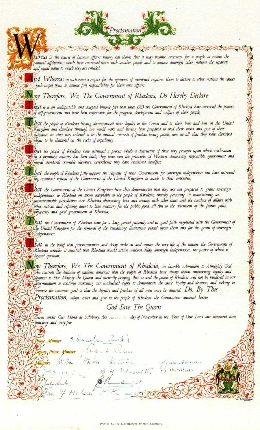The Unilateral Declaration of Independence, issued by the Rhodesian government in 1965.
