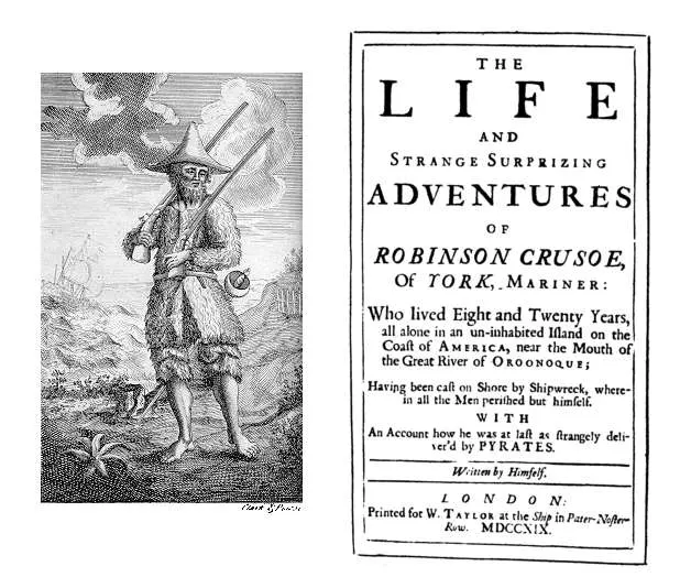 The frontispiece and title page of the first edition of Robinson Crusoe, London, 1719.