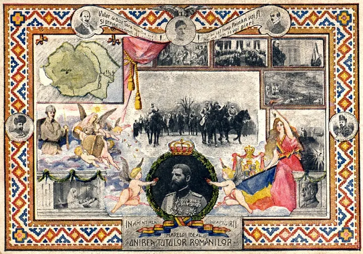 A Romanian postcard of 1918-1919 celebrating the union, with a map of the enlarged country.