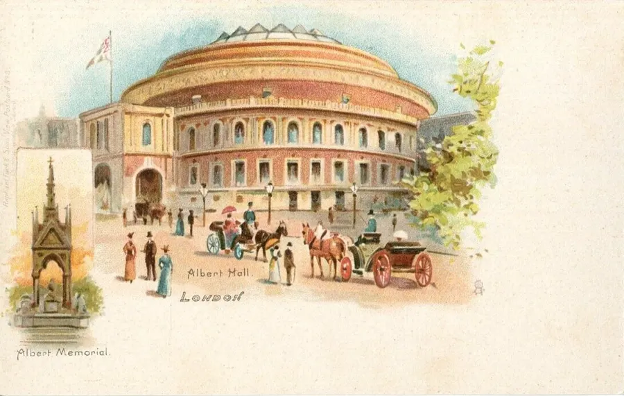 The Royal Albert Hall, with the Albert Memorial inset, on a postcard of about 1903.