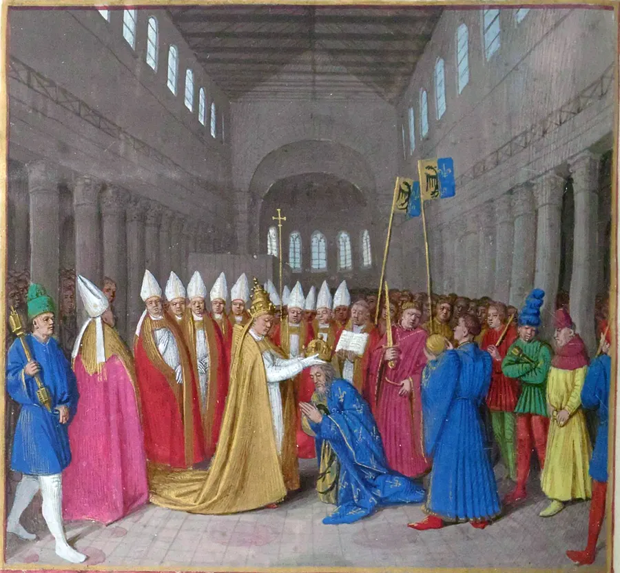 The coronation of Charlemagne in St Peter's, Rome, painted by Jean Fouquet for the Grandes Chroniques de France, about 1455-60.