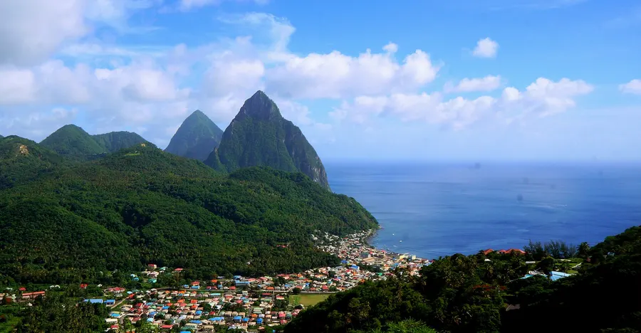 The Pitons, Saint Lucia's twin volcanic peaks, above the town of Soufrière.