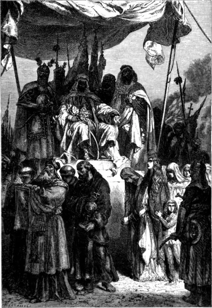 A 19th-century illustration of Christian townspeople appealing to Saladin