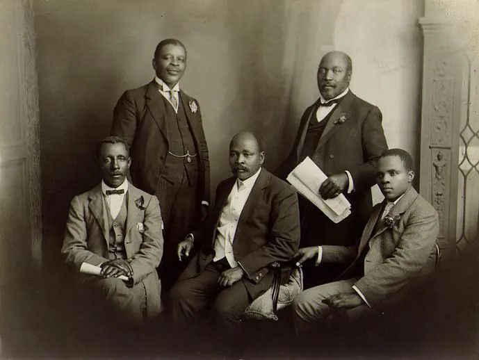A South African Native National Congress delegation to London in 1914, including John Dube (centre) and Sol Plaatje (right).