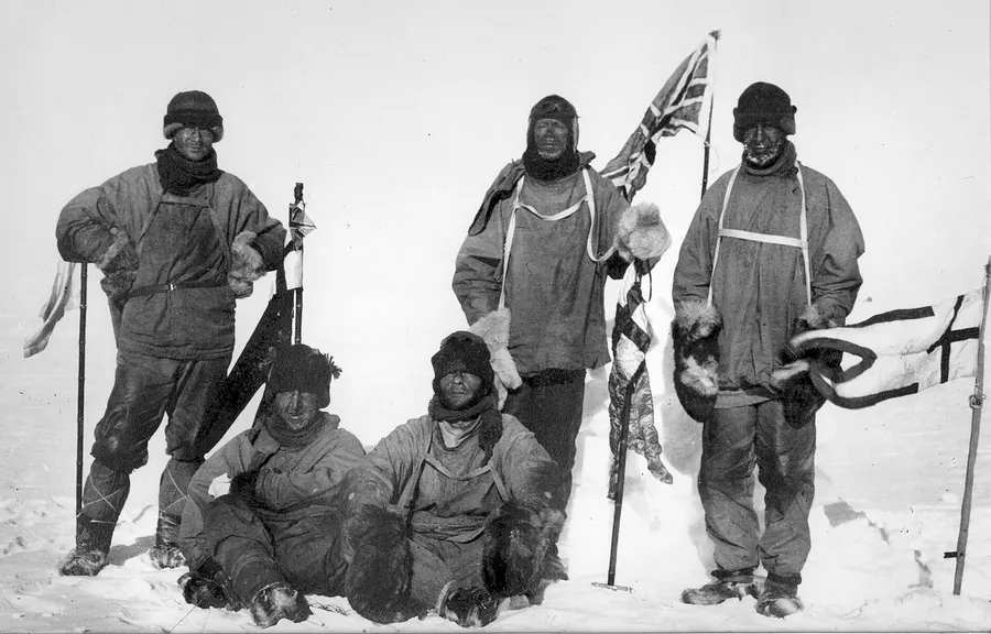 Scott's party at the South Pole on 18 January 1912: Wilson, Scott and Oates standing, Bowers and Evans seated; photographed by Bowers.