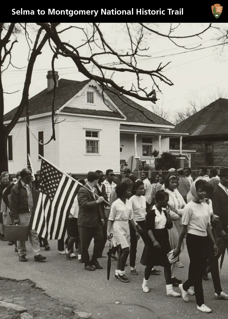 Marchers on the Selma to Montgomery march in March 1965, on a US National Park Service card.