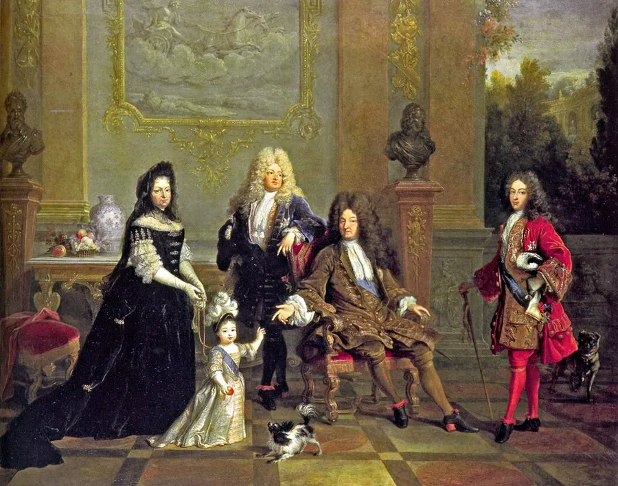 Louis XIV and his heirs, a portrait attributed to Nicolas de Largillière: the young future Louis XV stands beside his governess