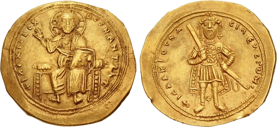 Both sides of a gold histamenon of Isaac I Komnenos, struck at Constantinople in 1057-1059: Christ enthroned, and the emperor standing with a drawn sword
