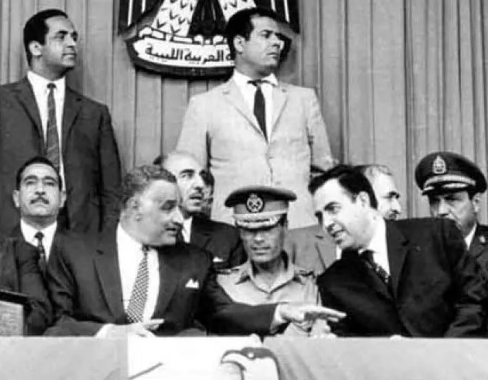 Gamal Abdel Nasser of Egypt, Muammar Gaddafi and Nureddin al-Atassi of Syria at an Arab summit in Libya in 1969, shortly after the revolution
