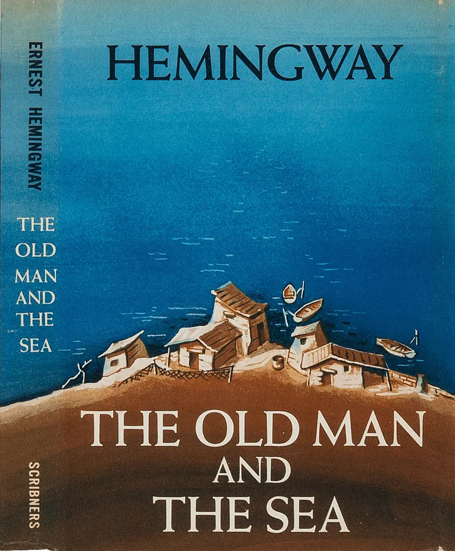 The dust jacket of the first edition of Ernest Hemingway's The Old Man and the Sea, published in 1952