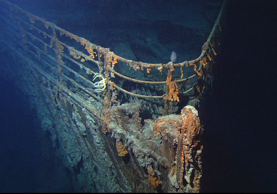The bow of the RMS Titanic on the floor of the North Atlantic, photographed by the remotely operated vehicle Hercules in June 2004