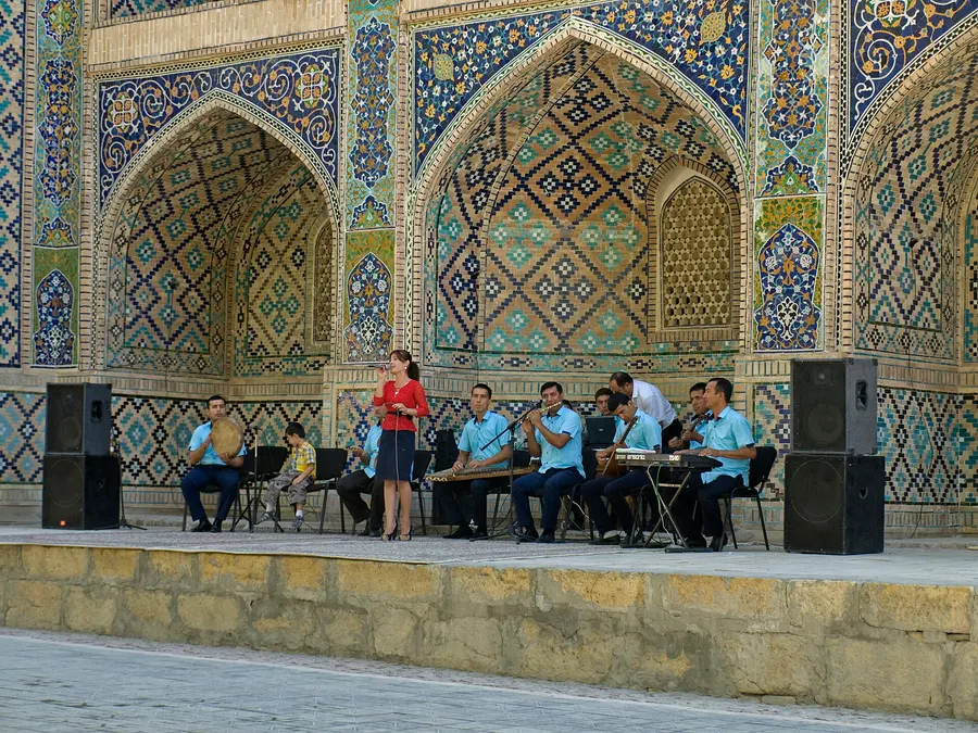 A music performance for Independence Day outside the Nadir Divanbegi madrasa in Bukhara on 1 September 2015