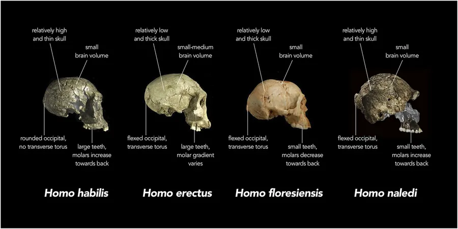 Replica skulls of Homo habilis, early Homo erectus and Homo floresiensis compared with fossil skull pieces of Homo naledi