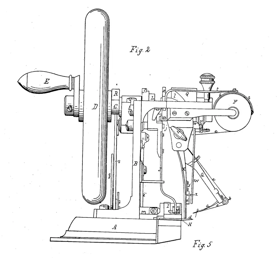 Side view of Elias Howe's sewing machine from the drawings of US patent 4,750, issued on 10 September 1846