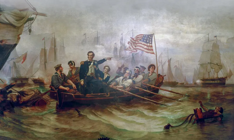The Battle of Lake Erie, painted by William Henry Powell in 1865: Oliver Hazard Perry is rowed from the battered Lawrence to the Niagara