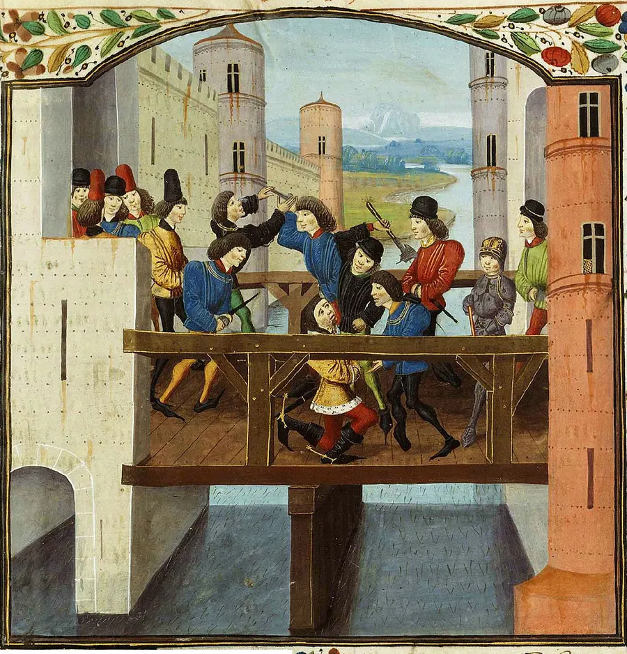 The killing of John the Fearless on the bridge at Montereau, an illumination from a copy of Monstrelet's chronicle made in Bruges about 1470-1480