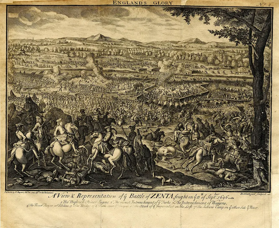 An 18th-century English print by George Bickham the Younger showing the Battle of Zenta