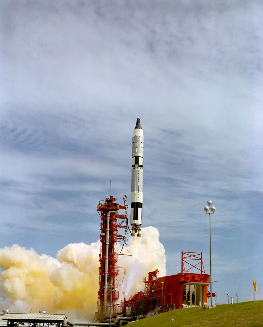 The Gemini 11 spacecraft lifts off on its Titan II rocket from Cape Kennedy on 12 September 1966