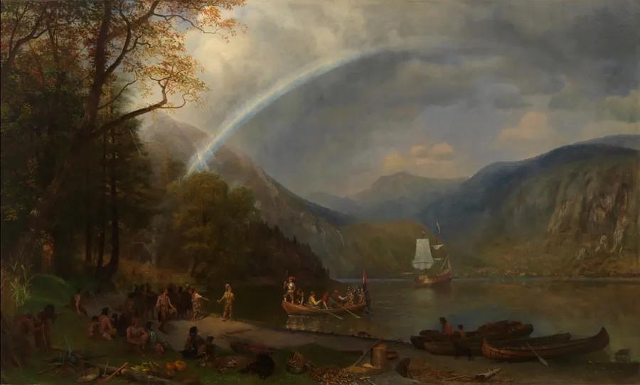 The Discovery of the Hudson River, a painting by Albert Bierstadt showing the Half Moon at anchor on the river