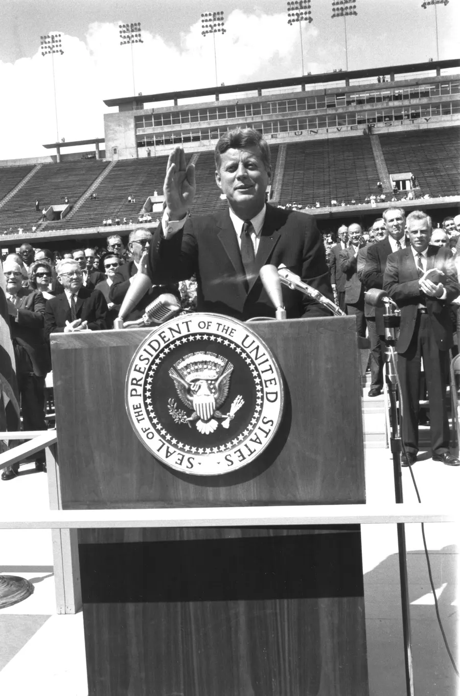 President John F. Kennedy speaks to a crowd of about 35,000 people in the football stadium at Rice University, Houston, on 12 September 1962