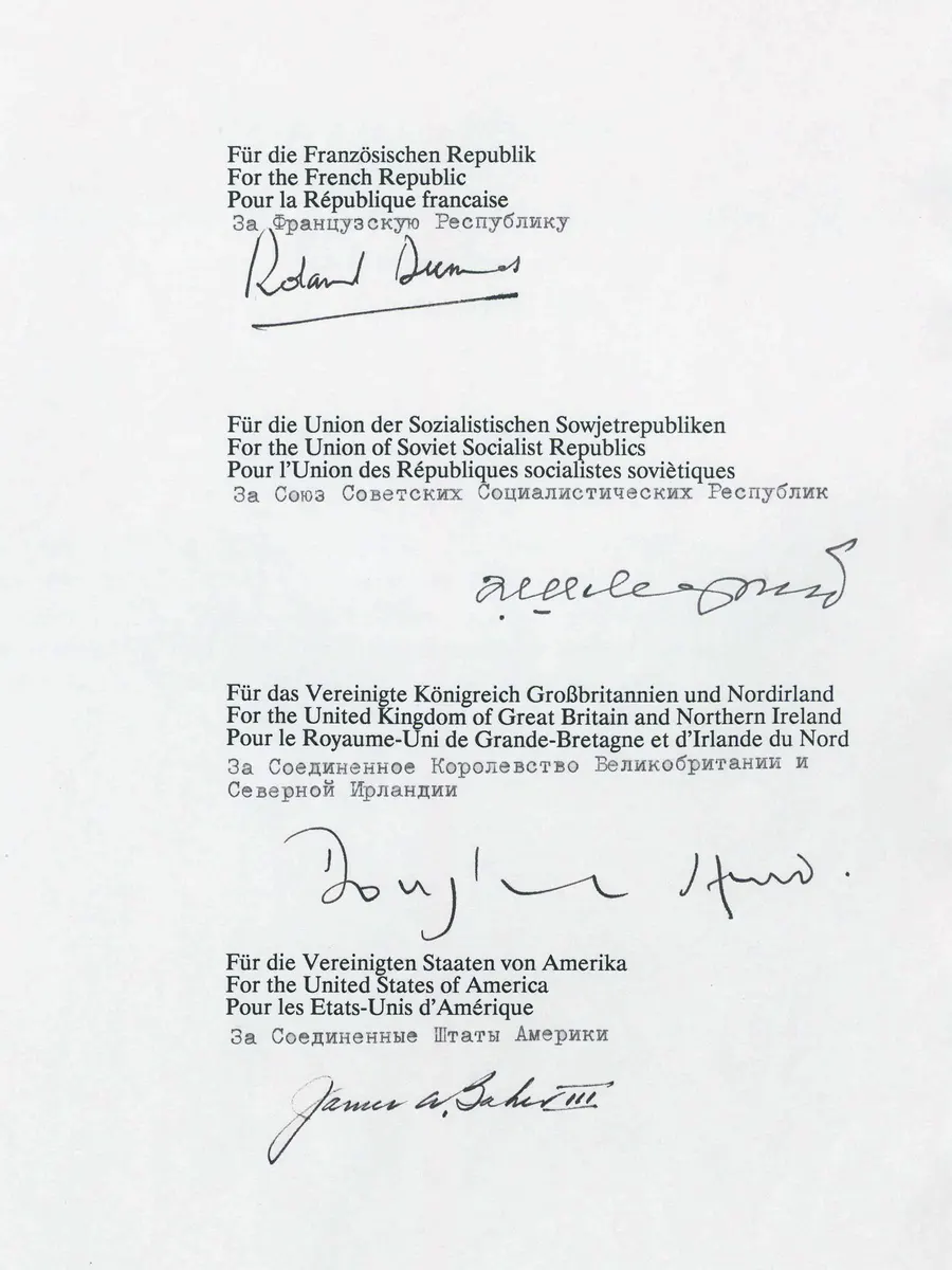 Signatures of the French, Soviet, British and American foreign ministers on the Treaty on the Final Settlement with Respect to Germany, Moscow, 12 September 1990