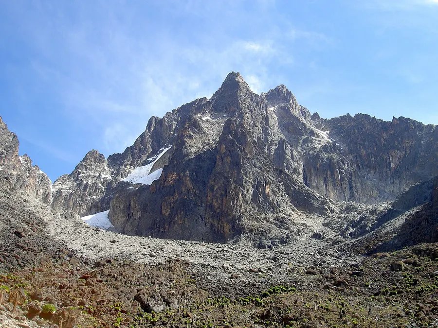 The twin summits of Mount Kenya, Batian and Nelion, with Point Slade in the foreground