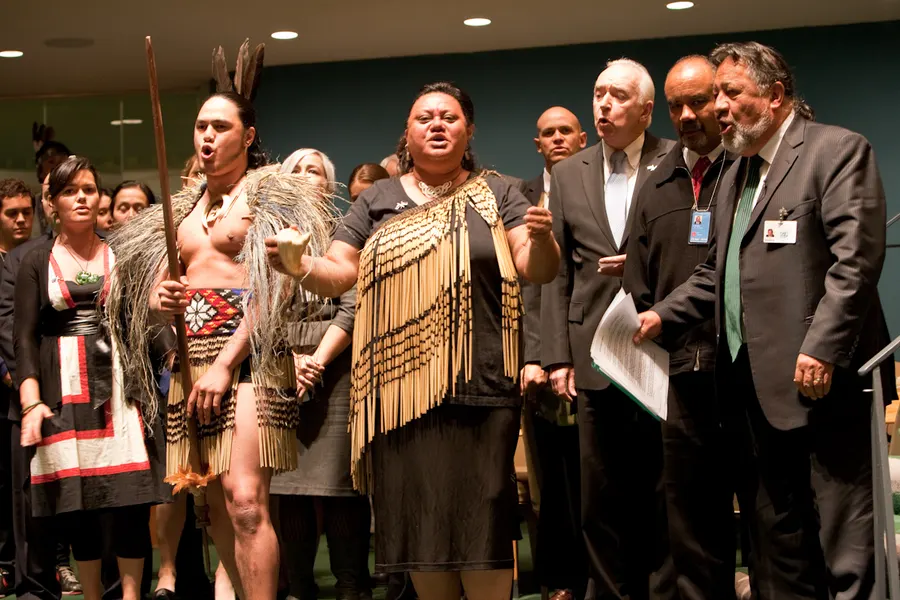 Members of a New Zealand delegation at the United Nations Permanent Forum on Indigenous Issues celebrate their country's endorsement of the Declaration in 2010