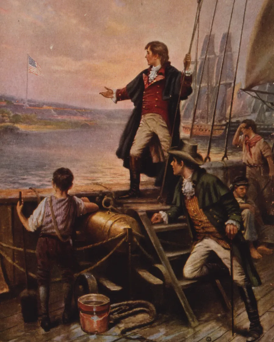 Francis Scott Key points towards the flag flying over Fort McHenry, in 'By Dawn's Early Light', a painting of 1912 by Edward Percy Moran