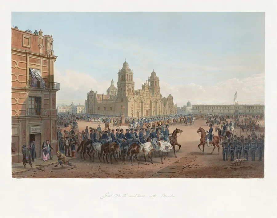 General Scott's entrance into Mexico City, a lithograph of 1851 after Carl Nebel showing American troops in the main square