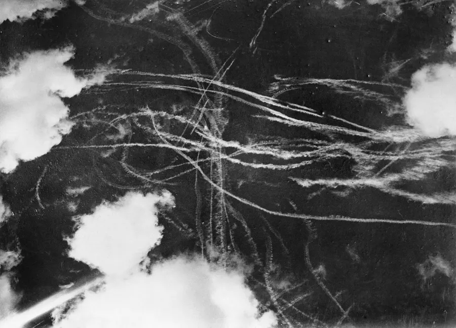 Condensation trails left in the sky by British and German aircraft after a dogfight during the Battle of Britain in 1940